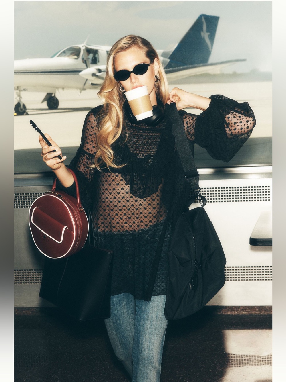 Maeve Sheer Ruffle Yoke Long Sleeve Top in Charcoal